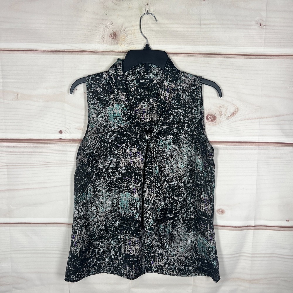 Elementz Top Womens Small Black Printed Satin Blouse Sleeveless Tie Neck Woven‎